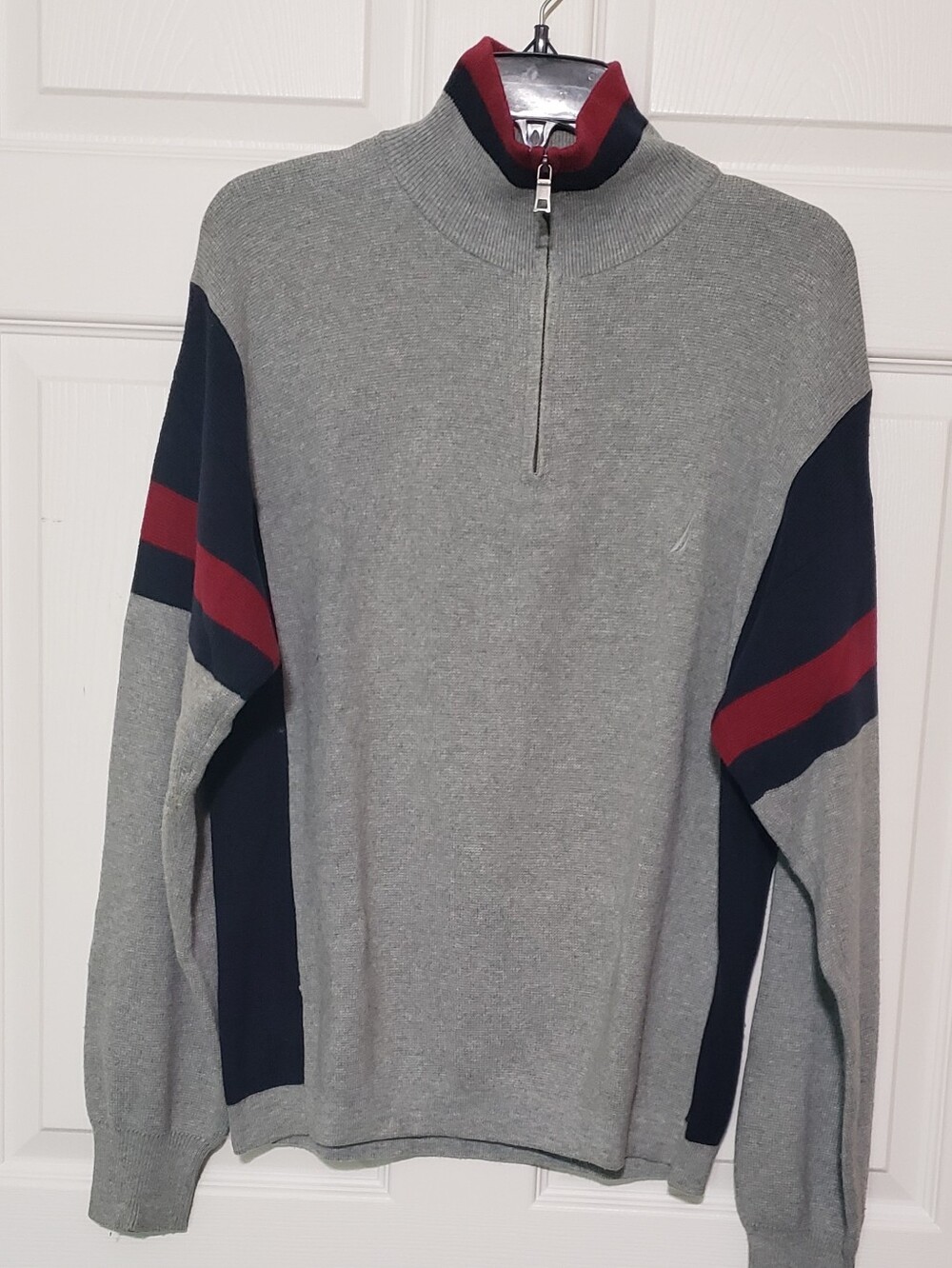 Nautica Gray Zip-Up Sweater with Navy Panels and Red Stripes